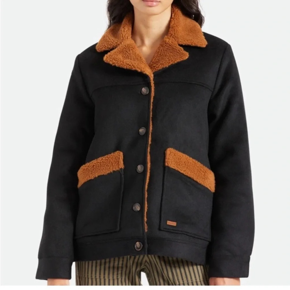 Brixton Sherpa Jacket Nouvelle Coat Lined Size Medium Black/Brown Button Closure